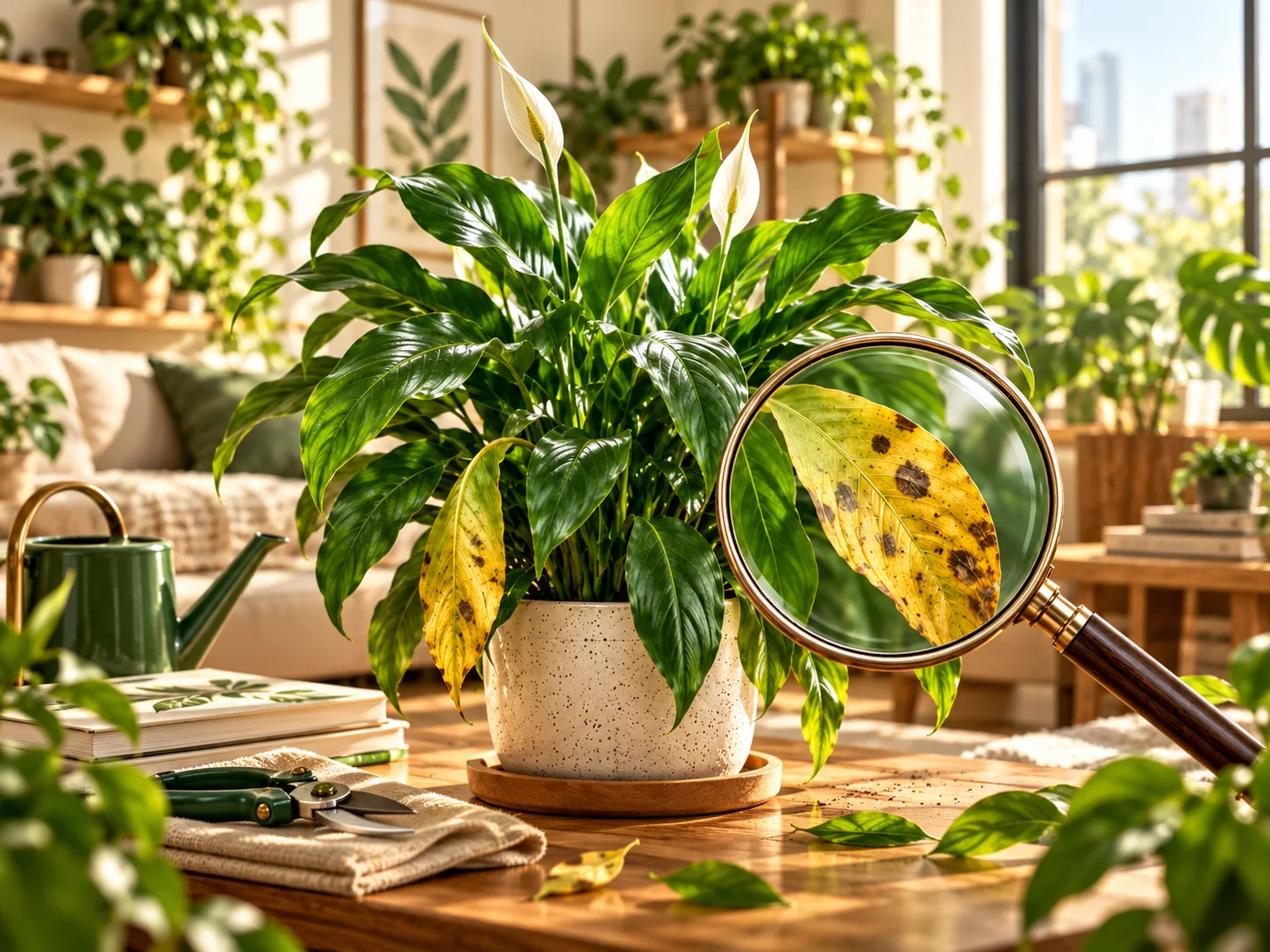 Diagnóstico visual de uma planta com folha amarelada e manchas